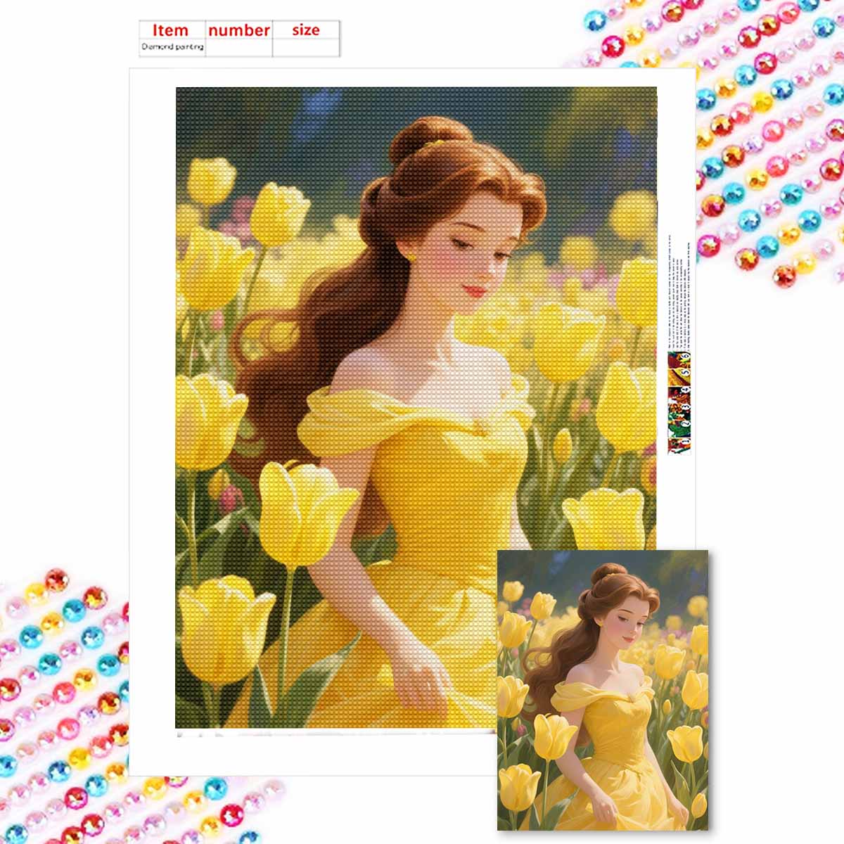 

Алмазная мозаика Красочная алмазная живопись Тюльпаны и принцесса Полная круглая вышивка Мультяшные креативные хобби Настенный декор Round 20x30cm