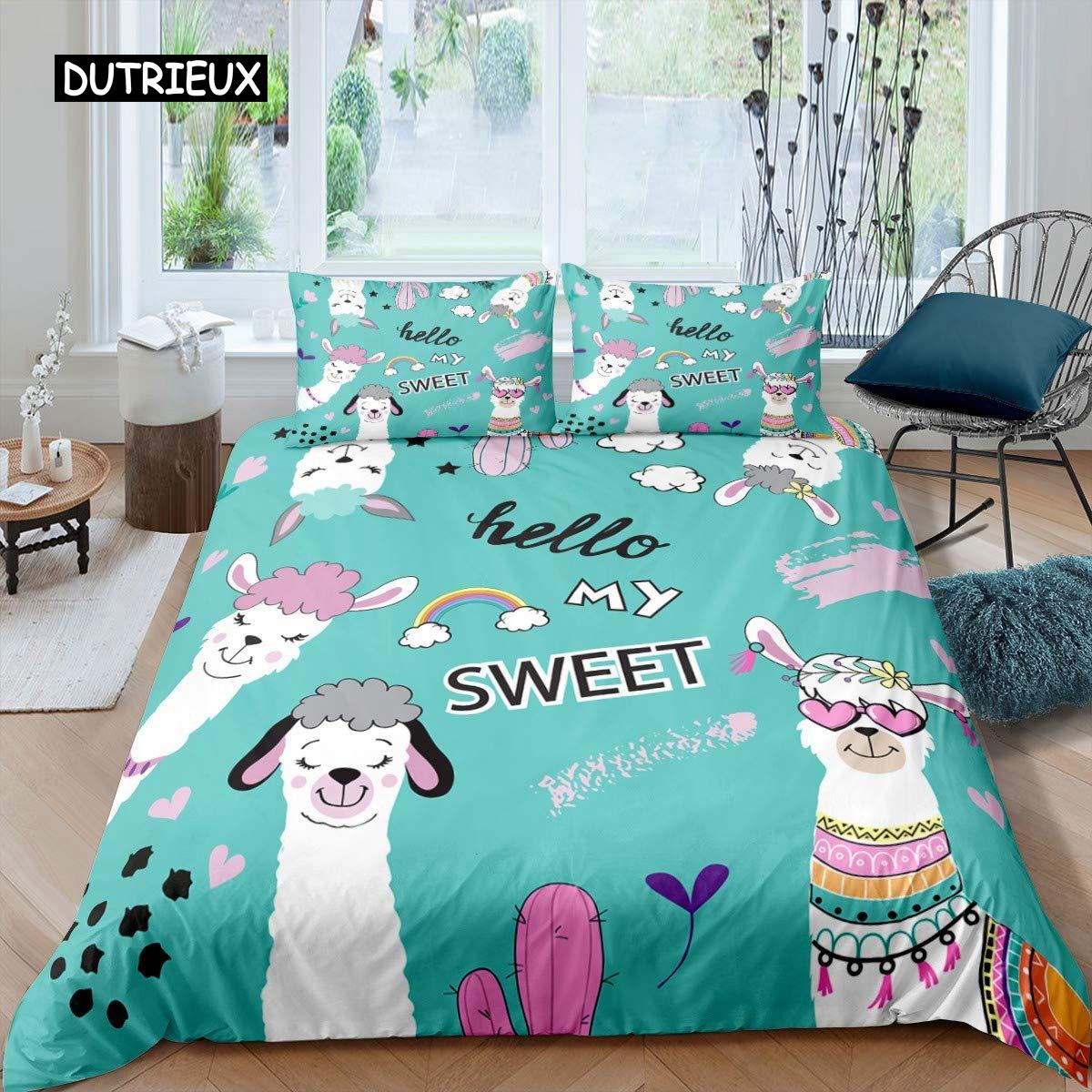 Alpaca Bed Cover Kit Charming Sloth Comforter Cover Cactus Funny Animal Bed Cover Kit Polyester Fabric Love Heart Cartoon Style Quilt Cover EU single(135x200cm)