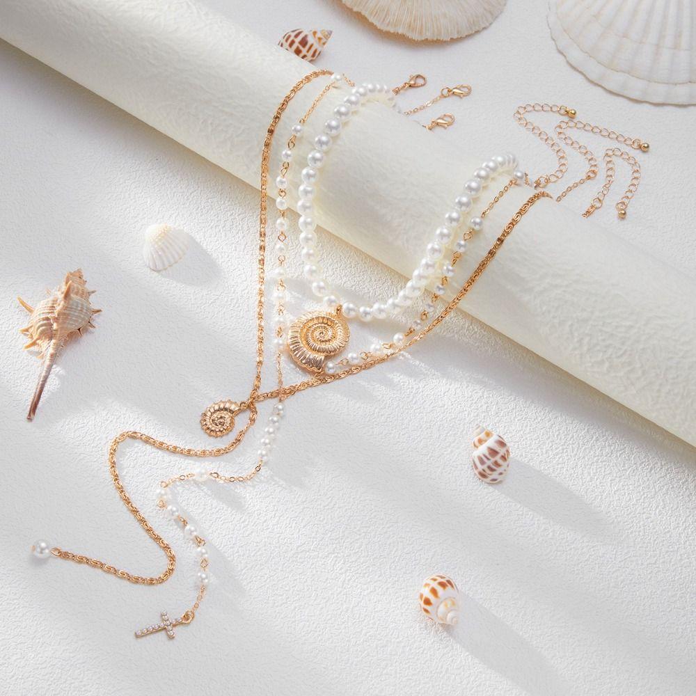 Imitation Pearl Starfish Pendant Necklace Boho Style Conch Pendant Necklace  Stackable Chain
