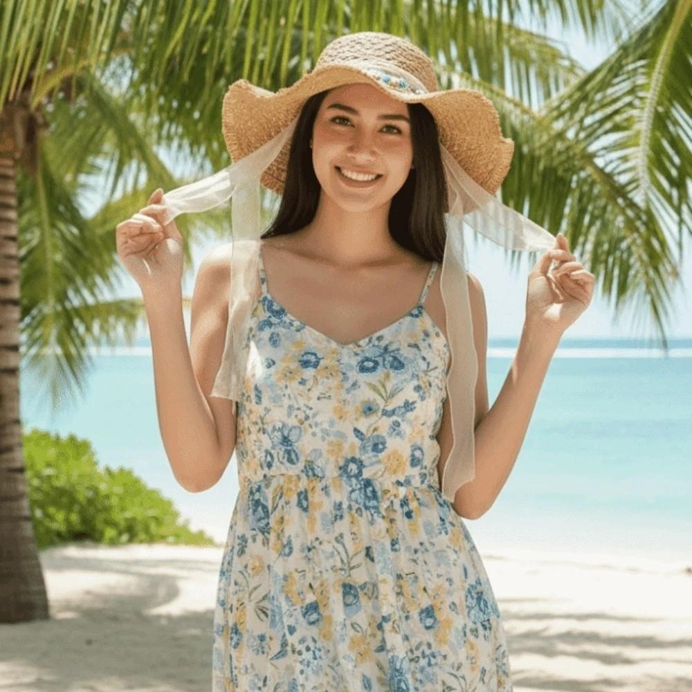 Breathable Vacation Beach Cap Lightweight with Turquoise Big Brimmed Straw Hat Sunshade Topi with Lace Woven Sun Cap Daily