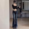 Autumn 2025 Women's Dark Blue Mid-Rise Micro-Flare Slimming Stretch Jeans