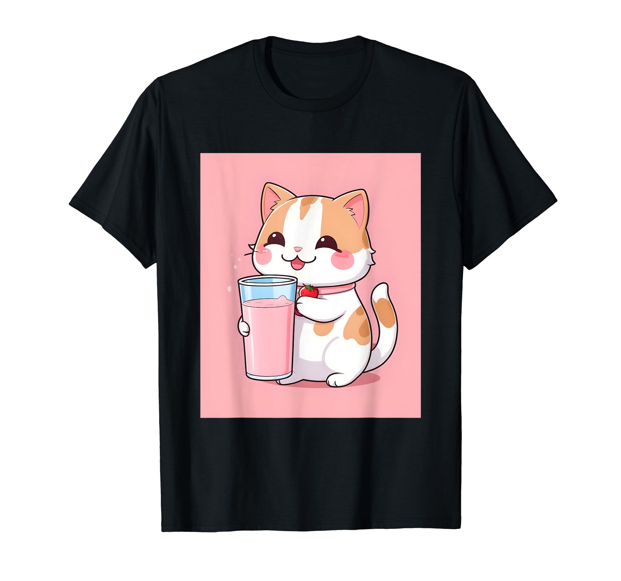 

strawberry things printed Kawaii, cat, milk, cute, Japanese, T-shirt чорний