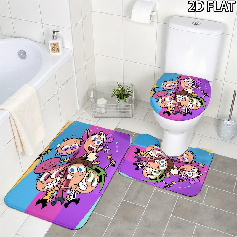 3pcs The Fairly OddParents Pattern Flannel Nonslip Absorbent Washable Decorative Bathroom Home Toilet Seat Cover Mat