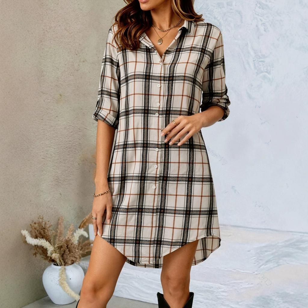 Popular European and American Spring and Autumn Knitted Long-sleeved Stand-up Collar Dress One-row Button Plaid Shirt Skirt