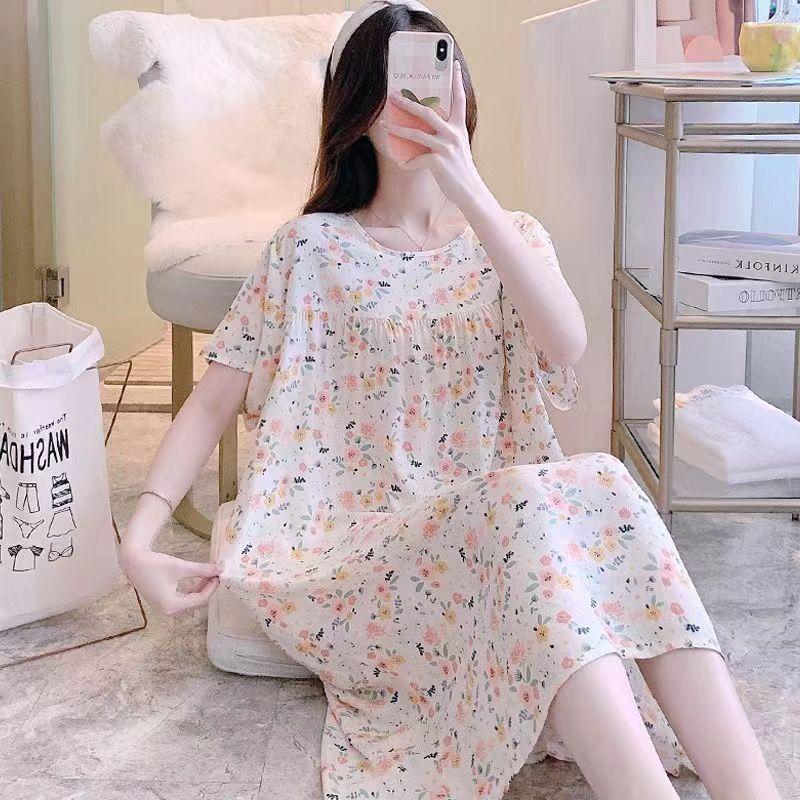 Women's Short Sleeve Women's Cotton Silk Nightgown Printed Summer Nightdress Home Clothes