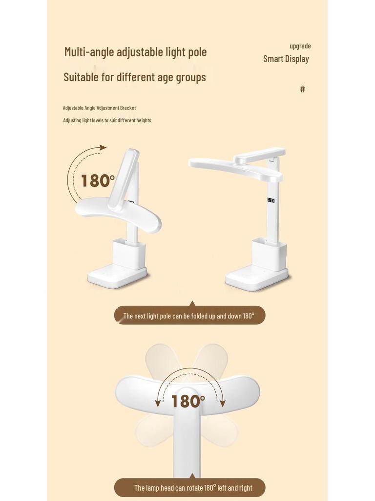 Rechargeable LED Study Lamp with Clock & Pen Holder - Eye Protection for Dorm or Bedside