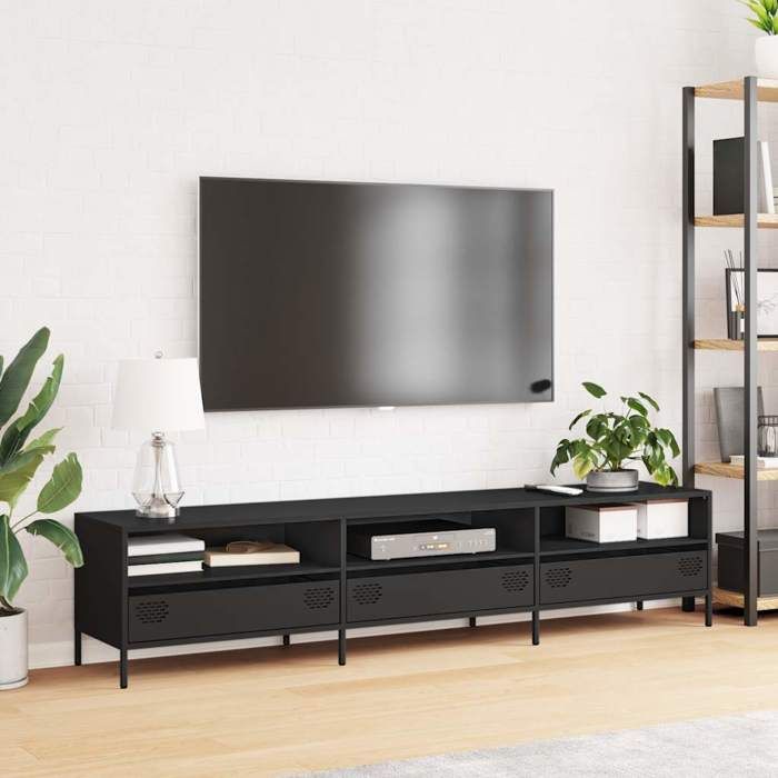 VidaXL Meuble TV noir 202x39x43,5 cm acier laminé à froid, support TV, buffet TV, armoire hifi, banc TV, armoire en métal, 851346