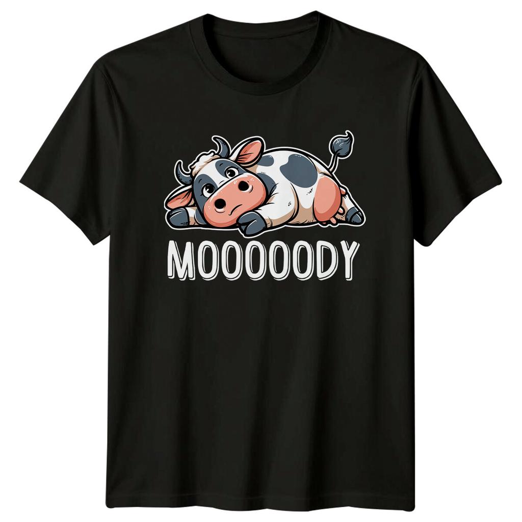 Mooody Cow T-Shirt Funny Animal Pun Lazy Cartoon Graphic Tee