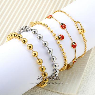 ASONSTEEL Stainless Steel Bead Ladybug Heart Shaped Bracelet Golden Accessories Unique Bohemian Wrist Handmade Summer Jewelry