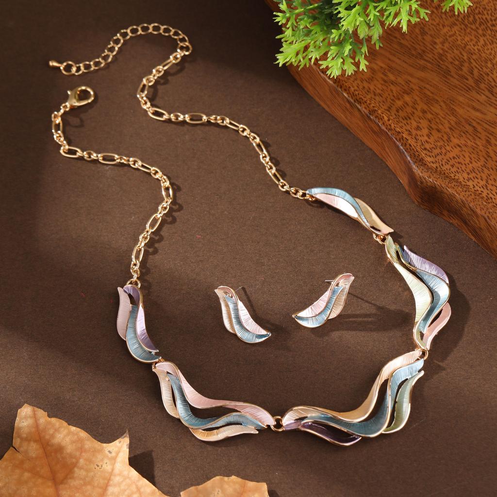 Emaliowane kolczyki sztyfty z geometrycznymi liniami i płatkami, naszyjnik, zestaw, damska moda, naszyjnik z nieregularnymi płatkami