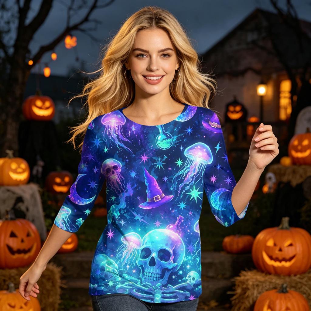 Women's Casual Halloween Print Three Quarter Sleeve Round Neck Top Lightweight Comfortable Fit for Everyday Wear