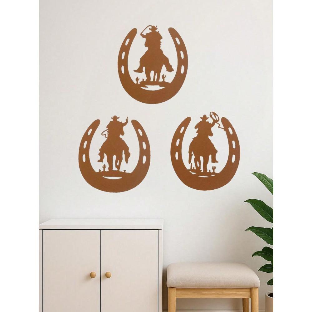 3-Piece Horseshoe Metal Wall Art Set, Western Cowboy Home Decor, Rustic Farmhouse Hanging Ornaments, Modern Bedroom & Living Room Decoration, Durable