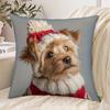 2D Flat - 1pc Light Grey Base Red And White Hat Scarf Yorkshire Terrier Realistic Double-Sided Print Throw Pillow Cover, Gentle Winter Christmas Puppy