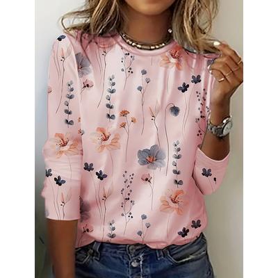 Tričko s květinovým potiskem s výstřihem, ležérní top s dlouhým rukávem na jaro a podzim, dámské oblečení