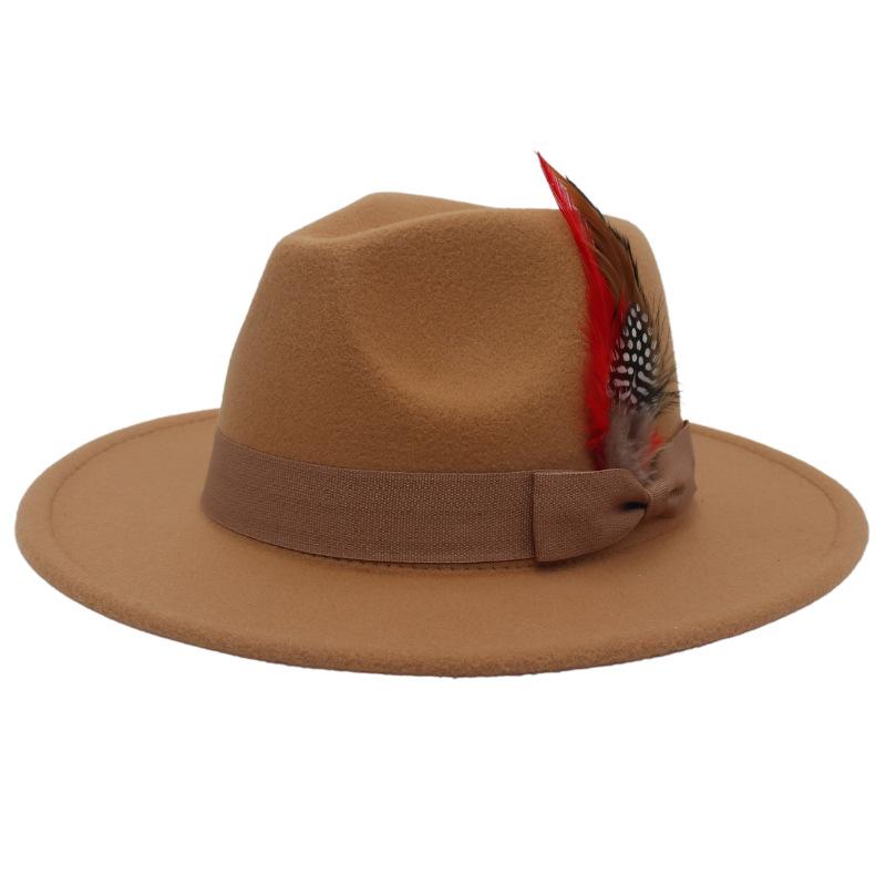 Bow Feather Top Hat Big Eave Hat Men'S And Women'S Cashmere Felt Hat Wind Hat