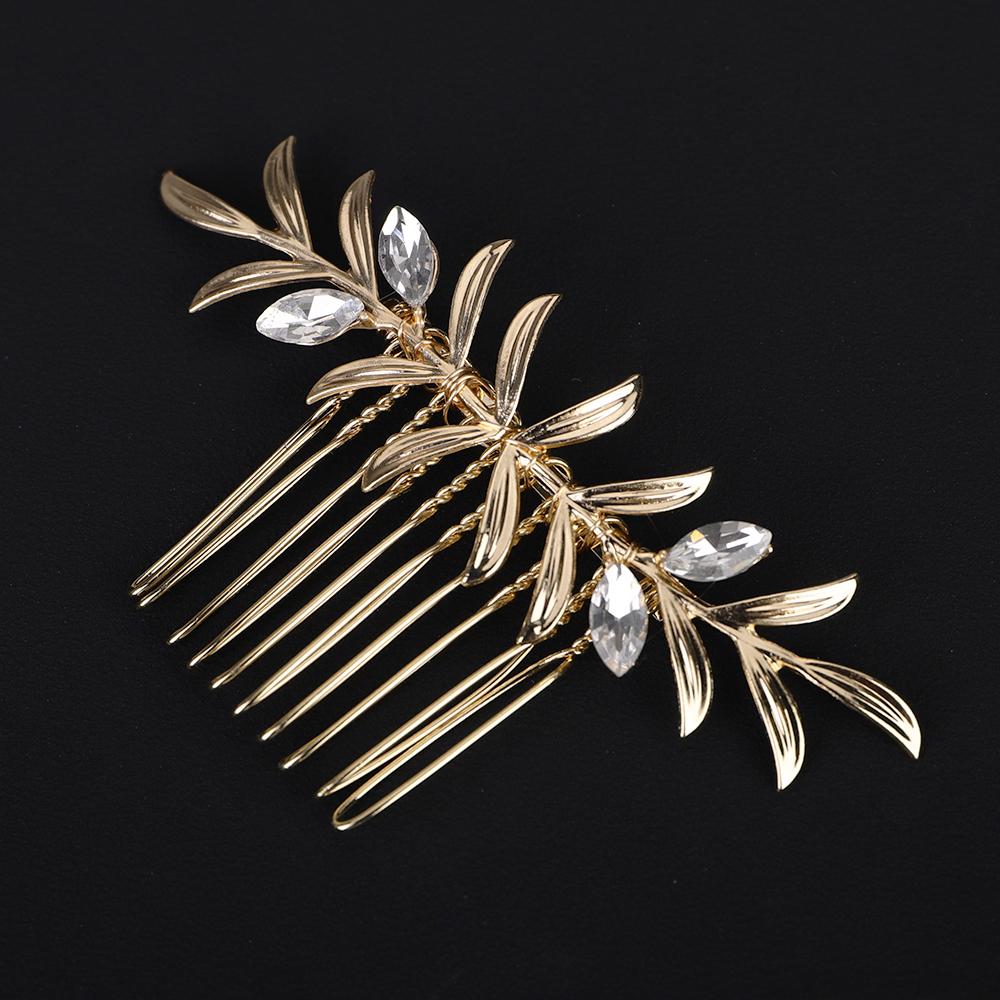 Wedding Rhinestone Hair Comb for Women Gold Zircon Handmade Bridal Bride Hair Accessories Simple Party Tiara Leaf Hair Piece