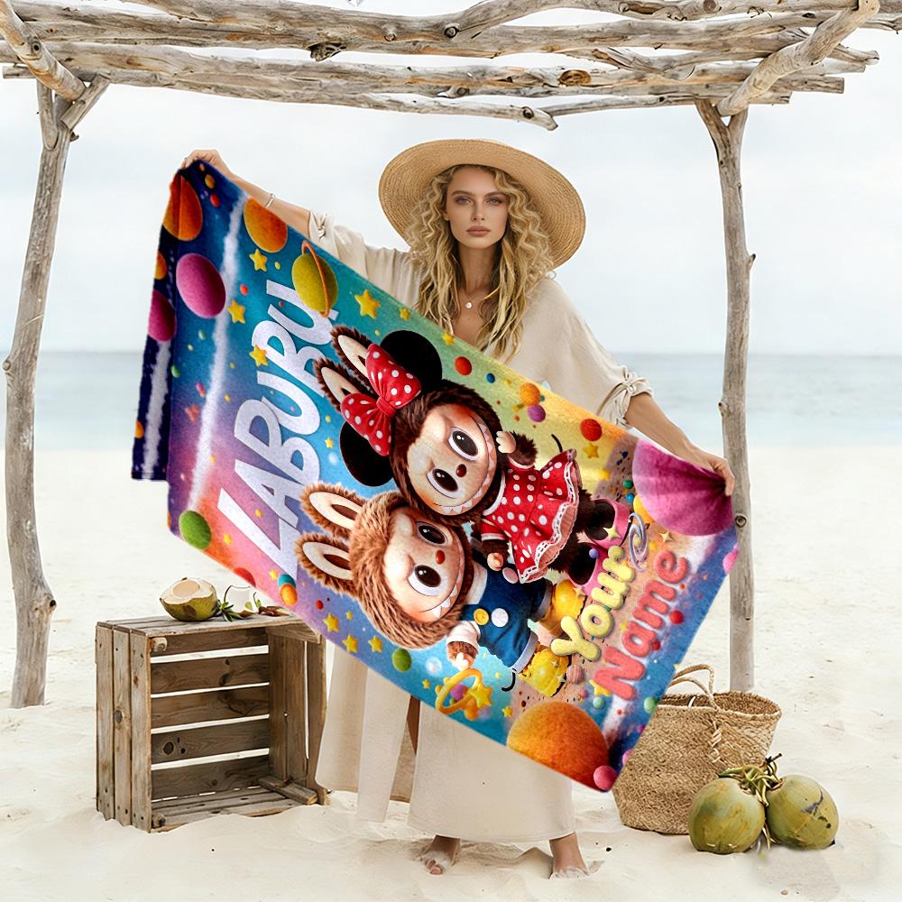 Labubu Customizable Name Beach Towel Quick-Dry Soft Microfiber Ideal for Travel Outdoor Swim Pool Yoga Surf Camping Hiking Gym Gift Holiday