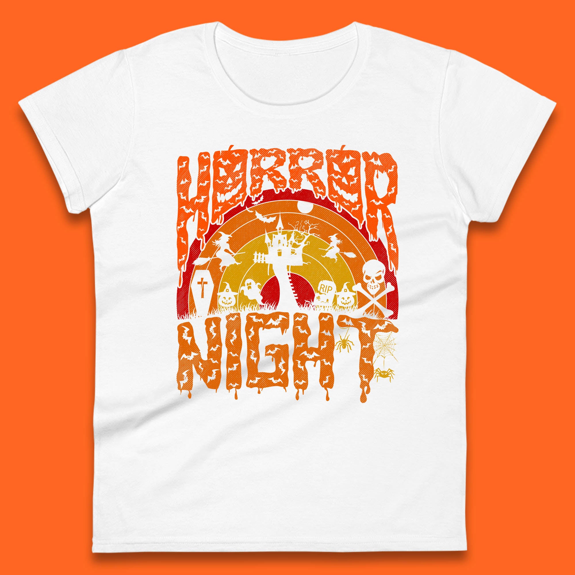 

Halloween Horror Night Vintage Rainbow Flying witches Scary Boo Spooky Festive Night Womens Tee T Shirt Mens Tops Unisex Top 4XL