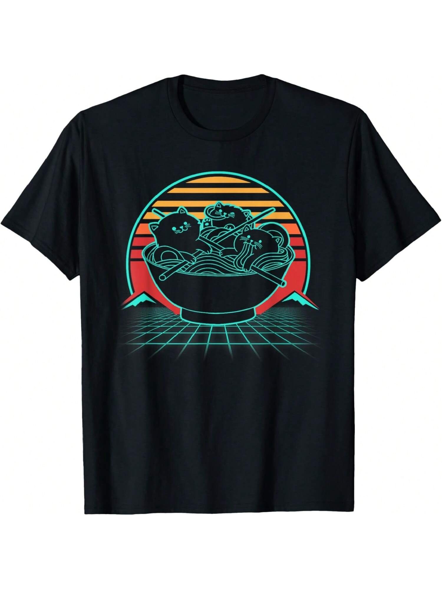 Anime Raunisex Cat Retro Japanese Noodles Aesthetic Kawaii T-Shirt S разноцветный