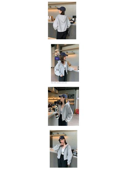 Petite Women's Gray Zip-Up Hoodie - Loose Fit, Thick Fleece Lining, Autumn/Winter 2025