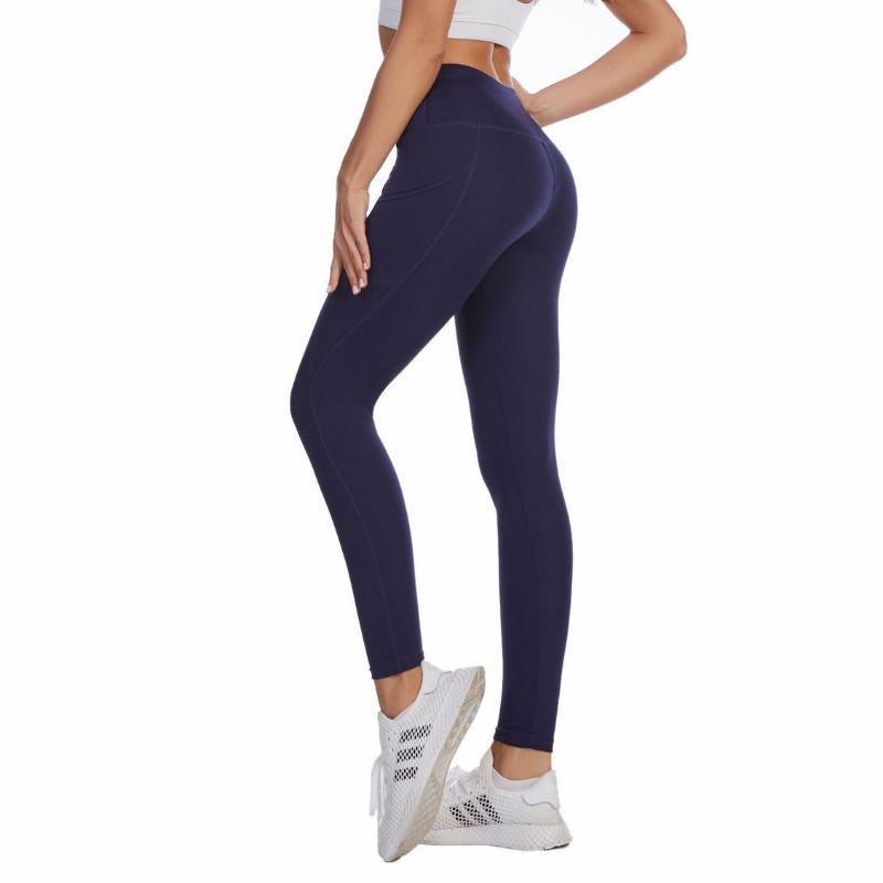 Frauen Einfarbig Fitness Lange Hosen Hohe Taille Sport Hüfte Heben Hosen Seite Tasche Läuft Yoga Leggings
