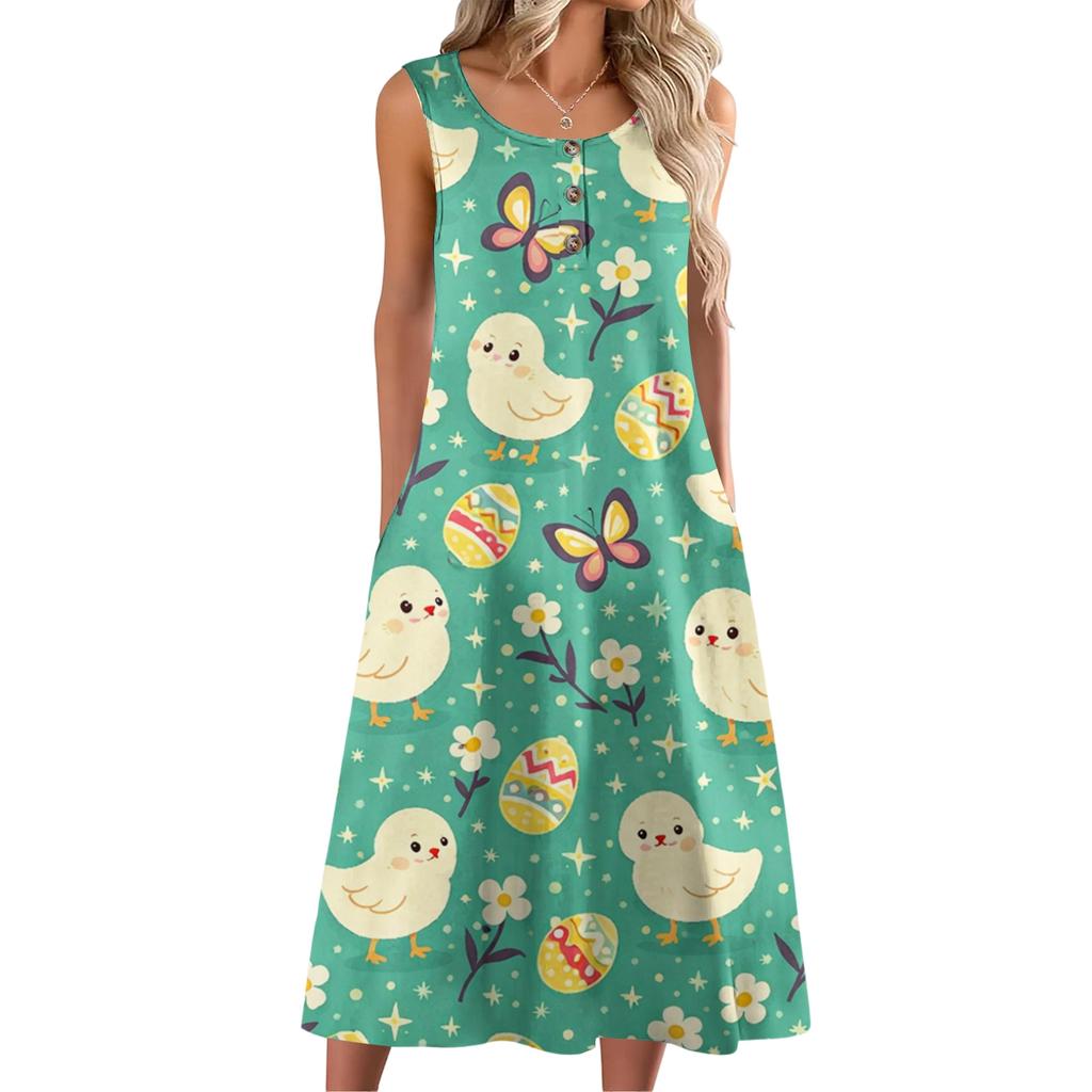 Dámské módní ležérní bezrukávové knoflíkové velikonoční potisk šaty s kapsou
