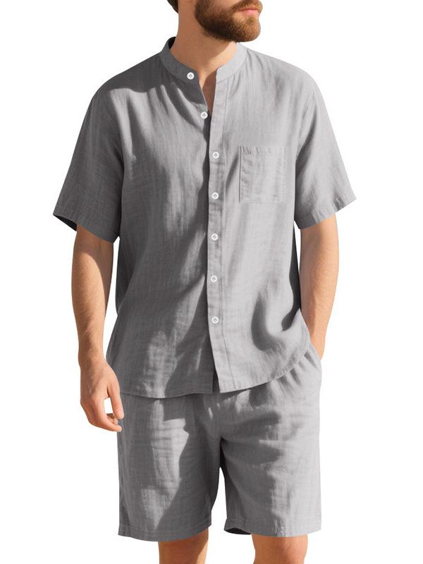 Men's Linen Henley Collar Beach Set: Summer Hawaii Short Sleeve Shirt & Shorts