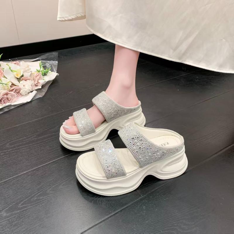 Rhinestone Thick-soled Cool Slippers for Women's Summer Wear with Muffin Shoes, Soft Soles Increase In Height and Look Thin, Versatile and Not Picky