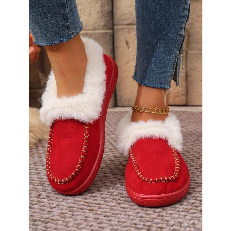 Women's Plus Size Furry Cuff Flat Cotton Shoes Autumn Winter Fleece Lined Warm Slip on Shoes
