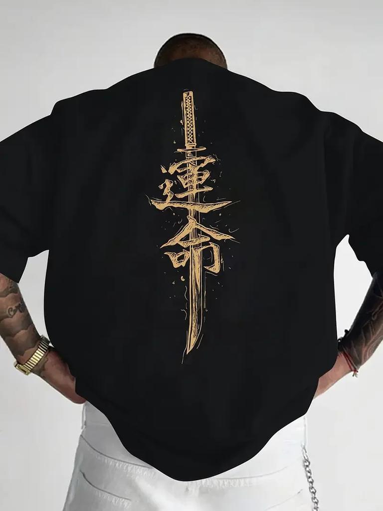 A Mens Short Sleeved Tshirt Made of Pure Cotton with A Japanese Samurai Sword Pattern Printed on It Regular Style Fashionabl