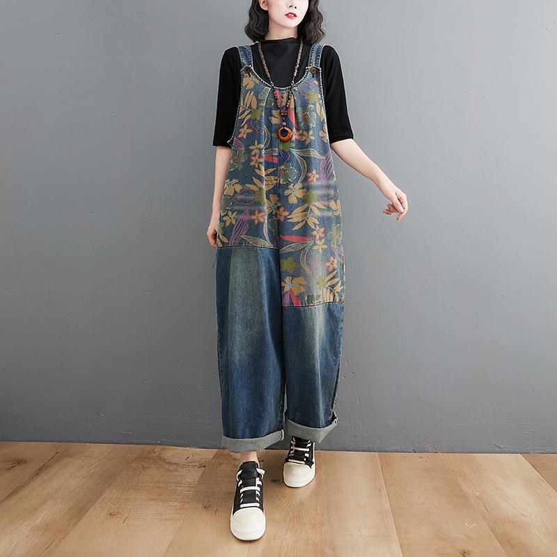 

Весенне-летние женские литературные и художественные комбинезоны больших размеров, свободные и тонкие, уменьшающие возраст, с принтом из денима XXL