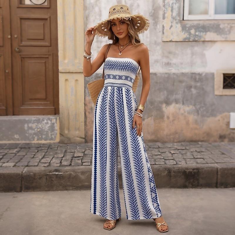 Tuta da donna blu bianca stampata senza spalline etnica da vacanza a gamba larga