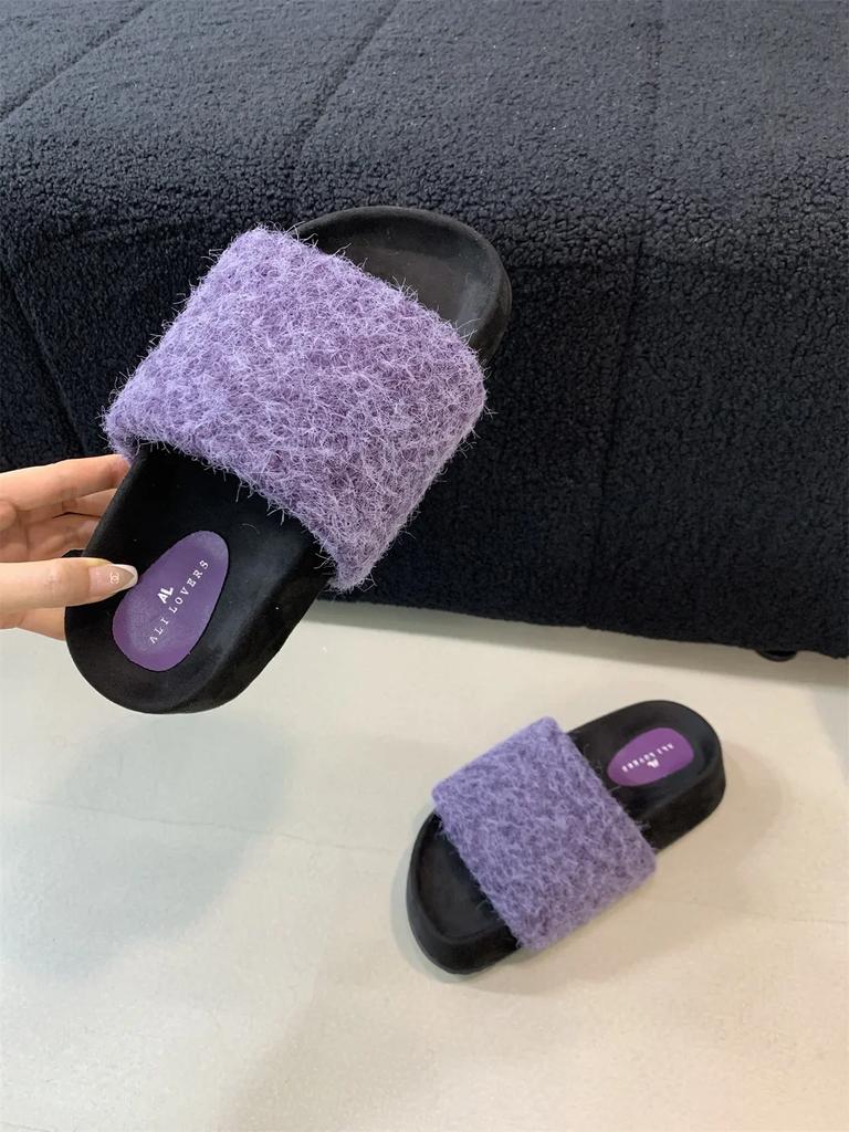 Fashion Fur Platform Women Flats Slippers Winter Designer New Casual Shoes Women 2025 Trend Home Cotton Slippers Cozy Soft Mujer Zapatos