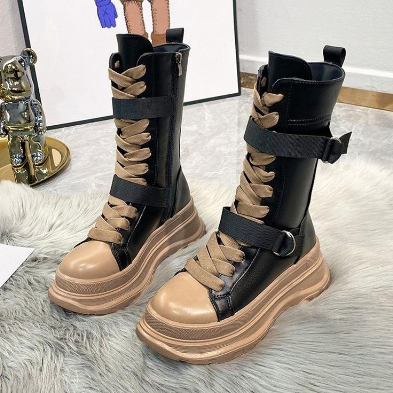 Height Increase Round Toe with Laces Half High Boots for Women Autumn Winter New Rock Fleece-Lined Platform Mid Calf Shoes Woman