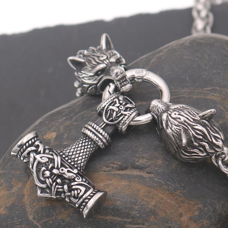 Nordic Viking Wolf Head Thor Hammer Pendant Necklace Men's Accessories