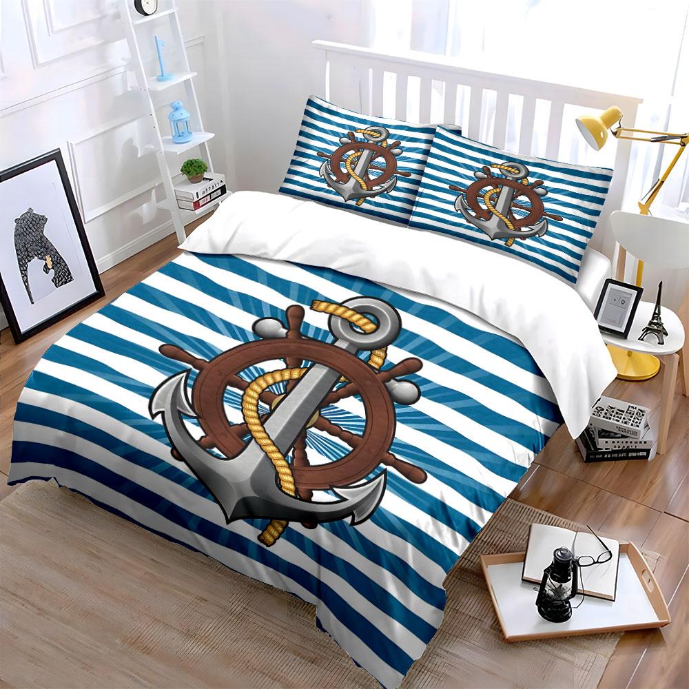 Nautical-Themed Anchor and Wheel Set Exquisite Three-piece Bedding Set Gift for Kids and Adults