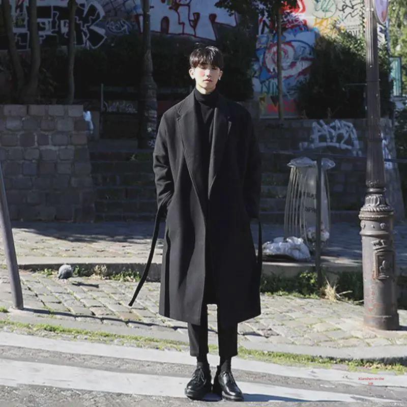 Men's Long Korean-Style Woolen Windbreaker Coat