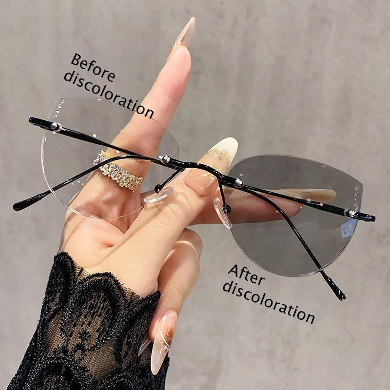 Ultralight Myopia Glasses Women's Frameless Color Change Sun Glasses Fashion Cat Glasses Frame Glasses