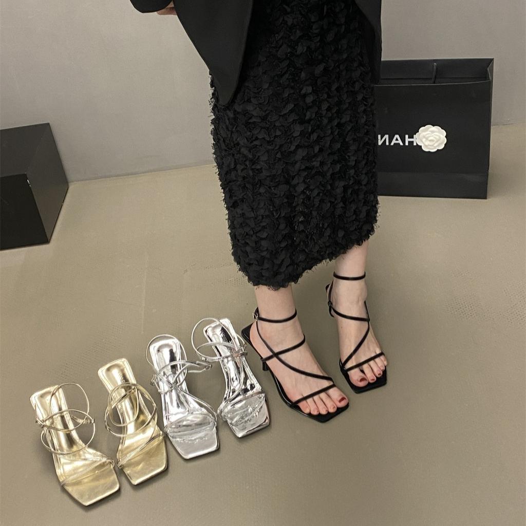 2025 Spring and Autumn New French Niche High-heeled Sandals Temperament Square Head Buckle Stiletto Strap Stiletto Sandals