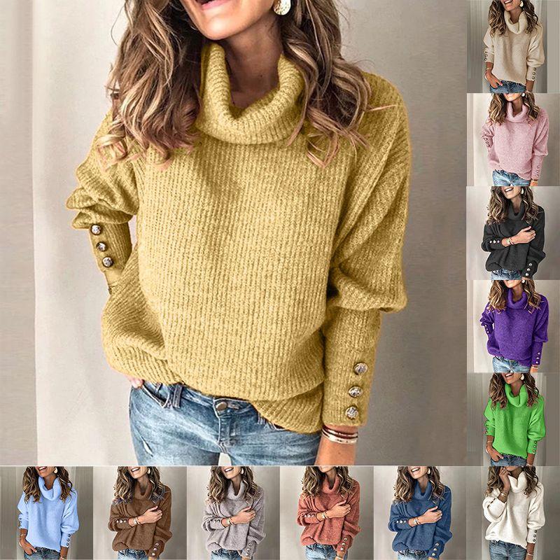 Cozy Women Long Sleeve Sweater High Neck Jumper With Stylish Button Decoration