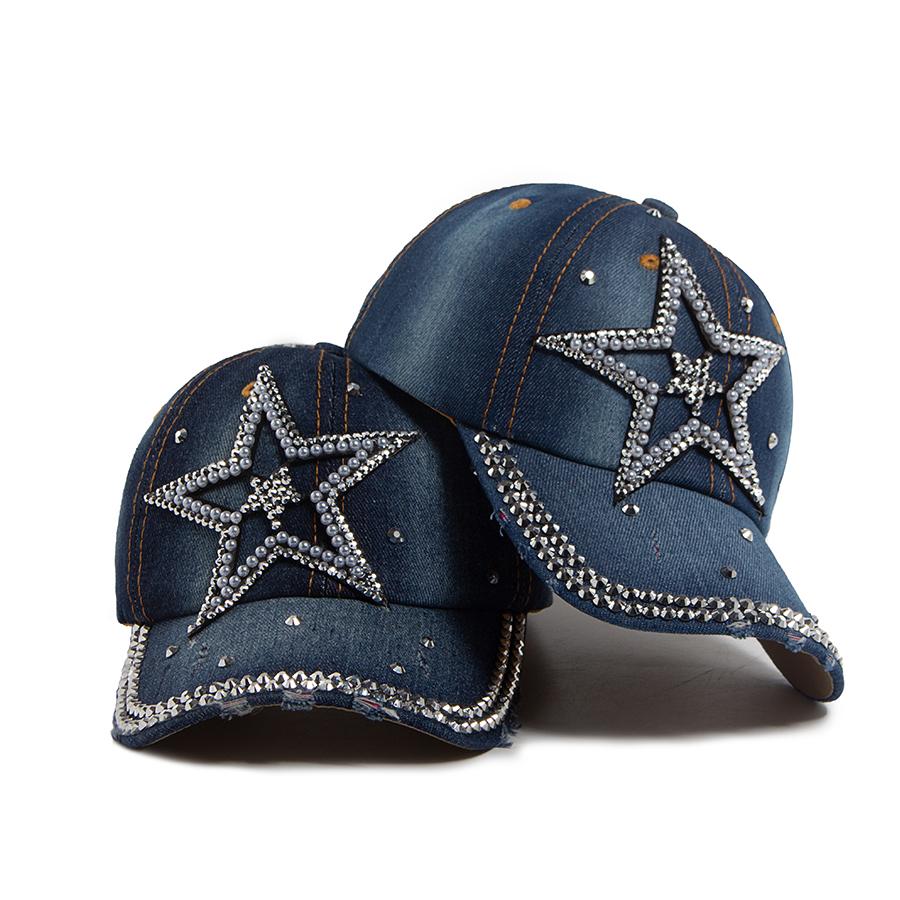Y2K Pentagram Denim Cloth Baseball Cap Women Fashion Vintage Snapback Men Female Hip Hop Shiny Rhinestone Hat For Spring Autumn