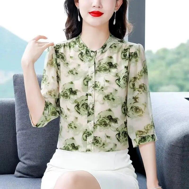 Modisches Chiffon-Hemd mit drei Viertelärmeln für Damen, Sommer, neue, locker sitzende Bluse mit Blumenmuster, M-4XL