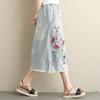 Women Midi Skirt Elastic Drawstring Waist Embroidery Flower Pattern Denim Skirt with Pockets Side Split Hem Skirt