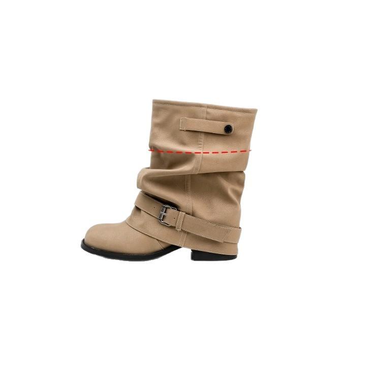 Spot second hair new round head thick heel ancient western cowboy short boots pleated trousers inner heightening pile boots women's summer