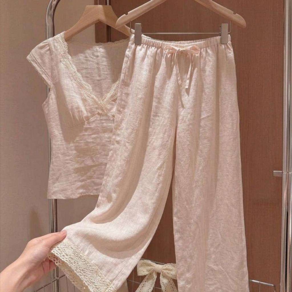 Short-sleeved Shorts with Chest Pads, Pajamas for Women's Summer New Large-size Pure Lust Lace Loungewear Three-piece Set