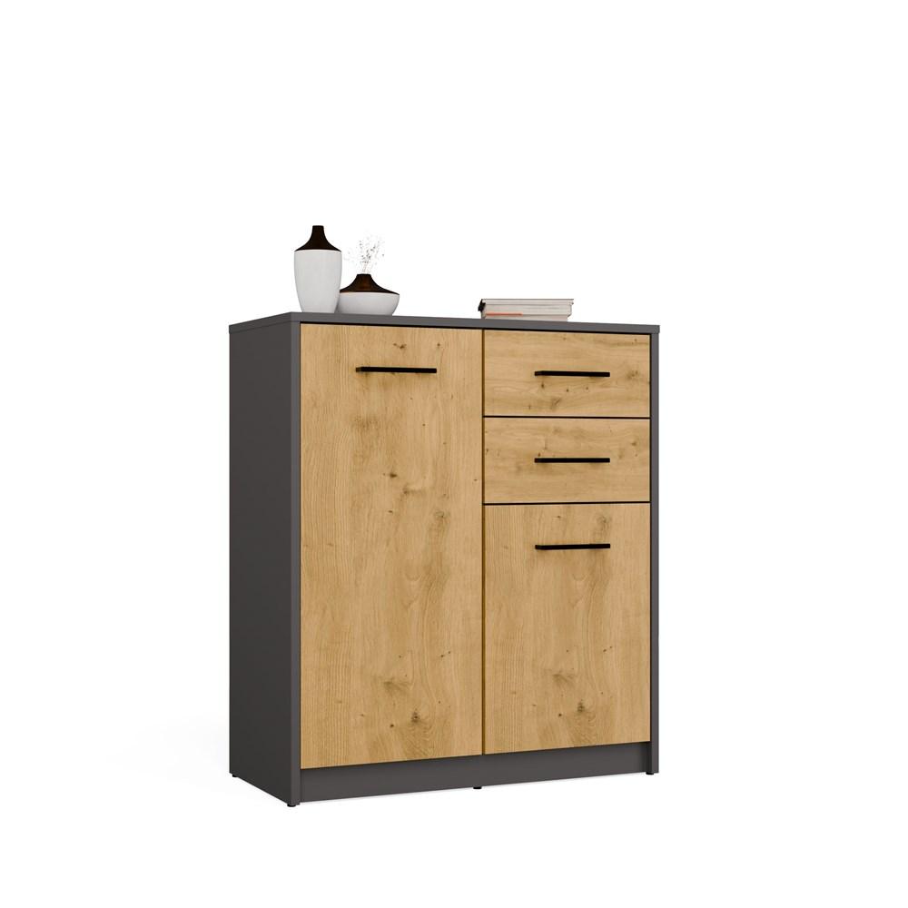 Komoda Simplo 2D2S Szafka 74 Cm 2 Drzwi 2 Szuflady Antracyt Dąb Artisan