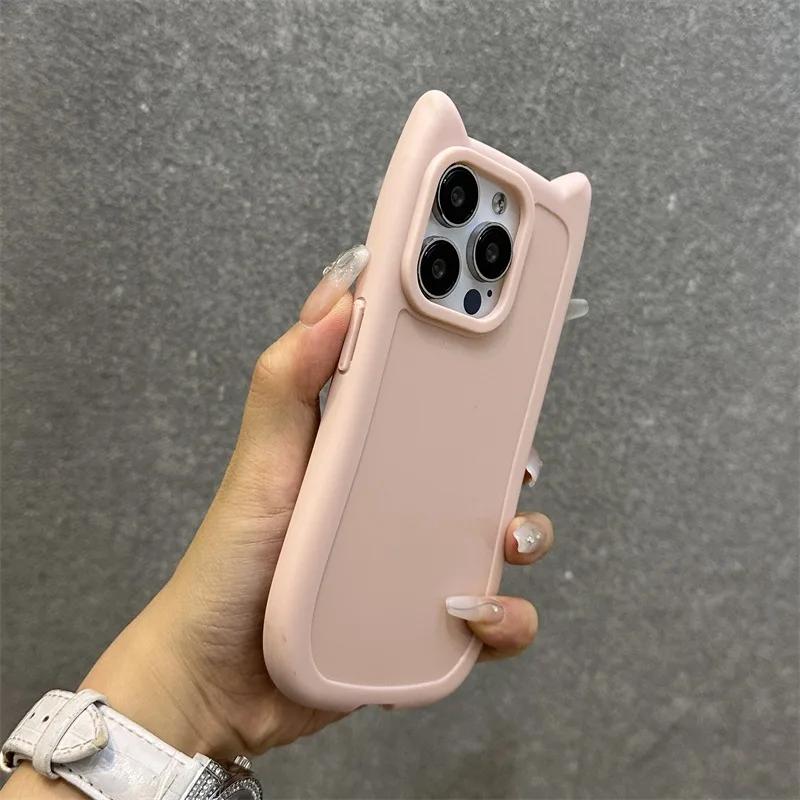 Cute 3D Kitten Cat Ear Solid Color Case For iPhone 17 16 15 14 13 12 11 Pro Max 16 Plus Silicone Shockproof Bumper Back Cover