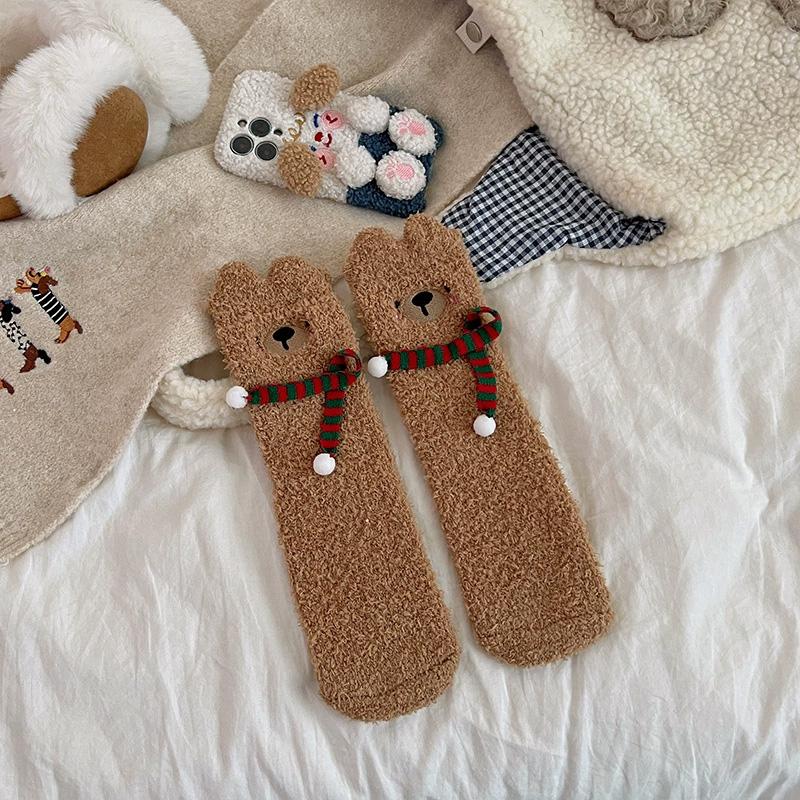 1Pair Sleep Socks Cute Little Bear Cartoon Coral Velvet Socks Soft Polyester Fiber