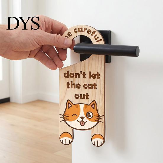 Pet Shop Door Sign Cat Warning Handle Sign, Wooden Cartoon Hanging Reminder, Home Security Reminder Tag Safety Knob Hanger, for Bedroom And