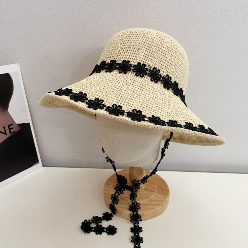 

etwork red small fresh lace flower streamer sun hat Korean version of fashion elegant beach large eaves sunscreen visor 56-58CM бежевий